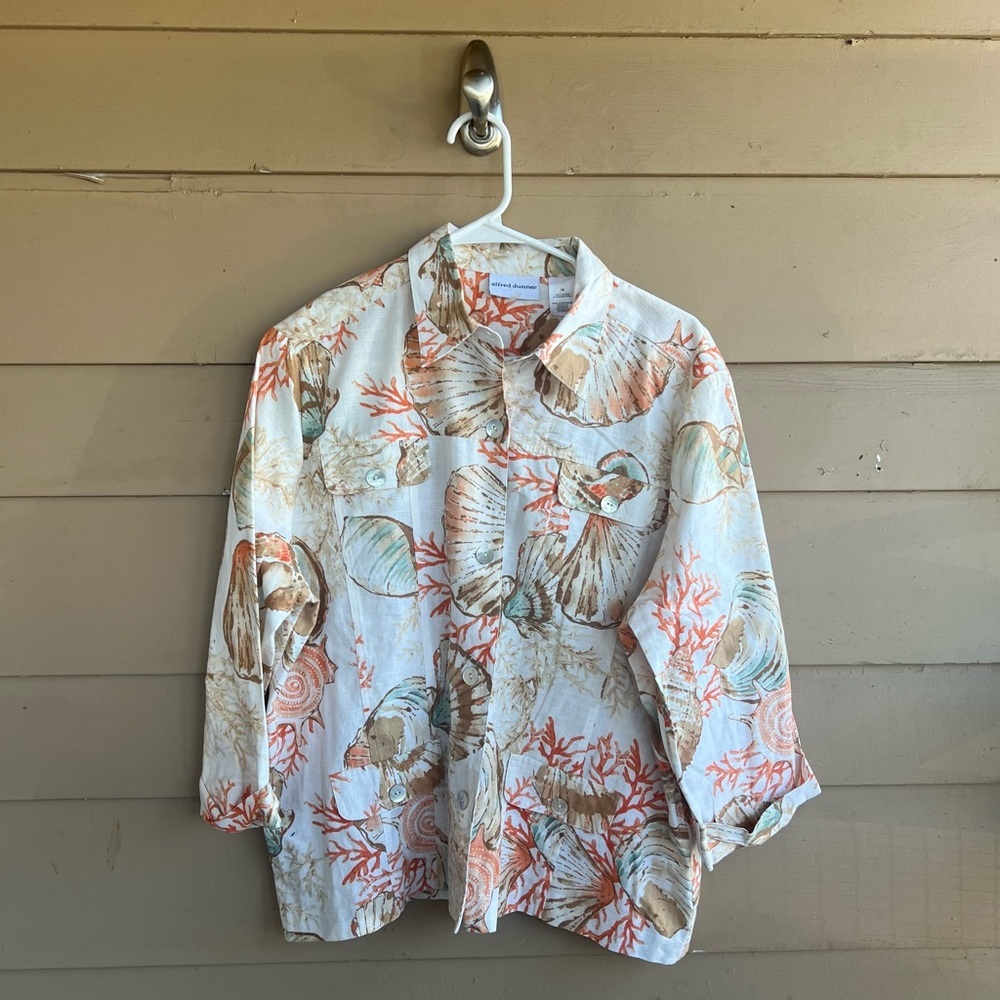 Alfred Dunner Treasure Cay Seashells Coastal 3/4 Sleeves Light Jacket SZ 16